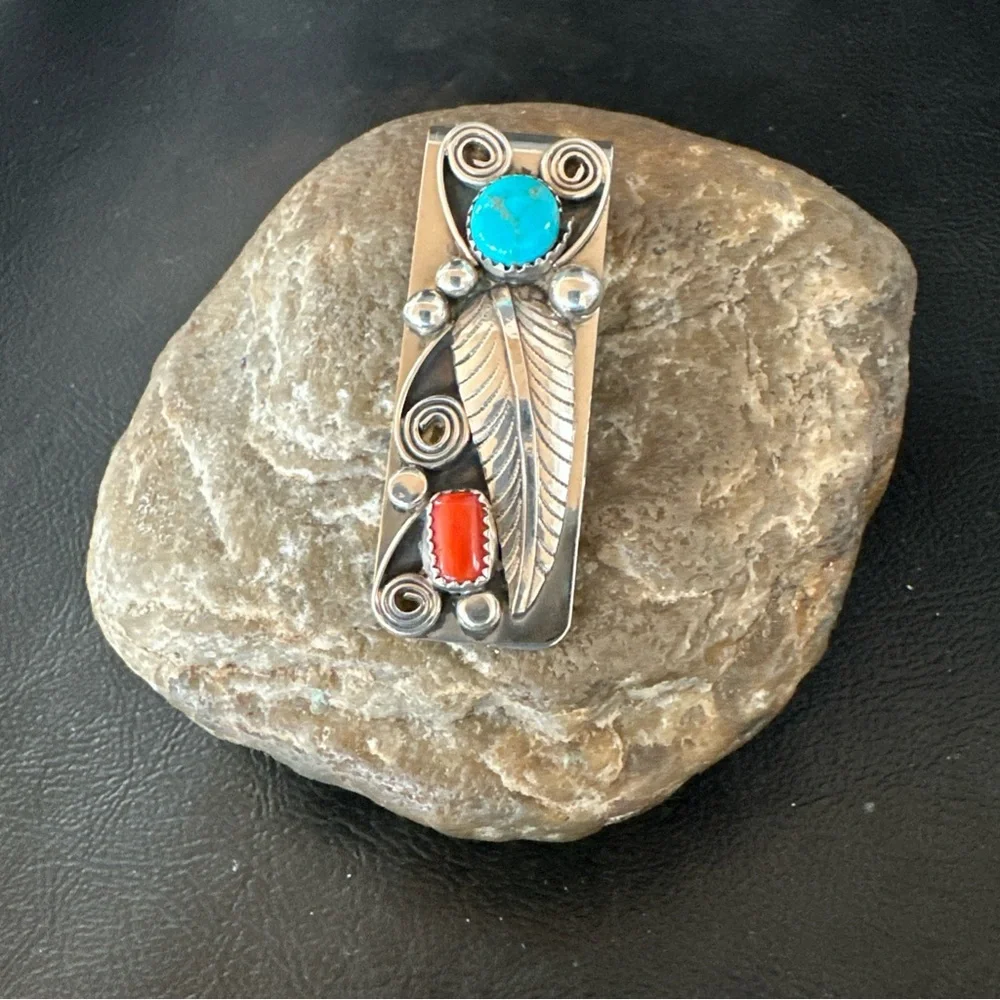 Sterling Silver Feather Turquoise and Red Coral Stone Money Clip 19736
